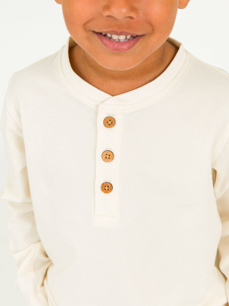 Boys Ivory Knit Long Sleeve Henley Tee: Off-White