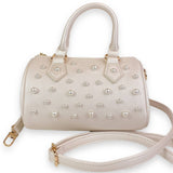 B1312 BLACK,PINK,CREAM,MULTI Pearl Studs Leather Barrel Bag: Multi