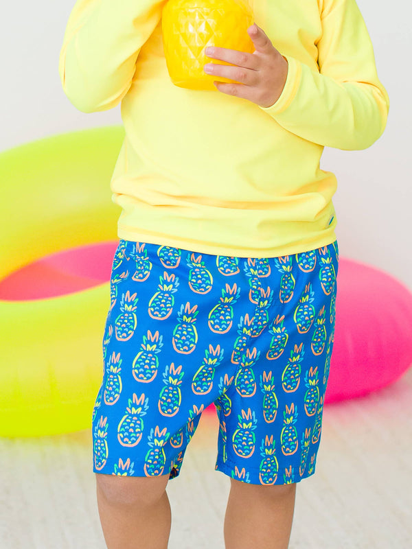 Boys Neon Blue Pineapples Swim Trunks: Blue
