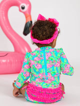 Baby Girls Neon Flamingo Long Sleeve One Piece Rash Guard Swimsuit with Signature Rear Ruffles: Blue / 0-3m