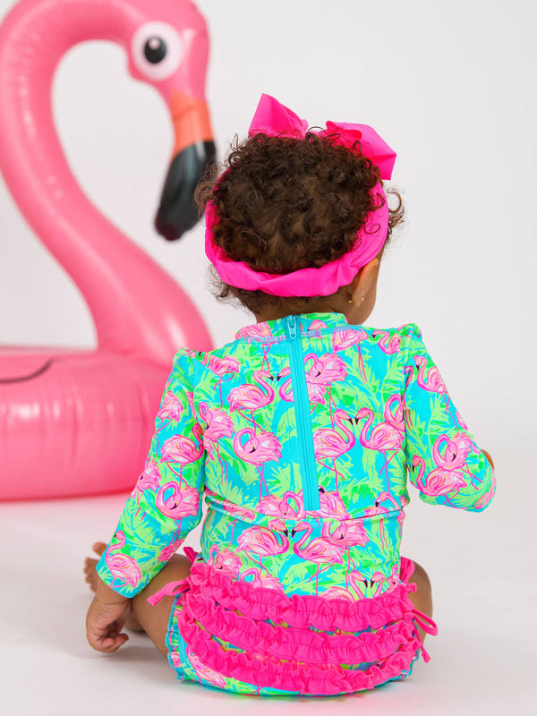 Baby Girls Neon Flamingo Long Sleeve One Piece Rash Guard Swimsuit with Signature Rear Ruffles: Blue / 0-3m