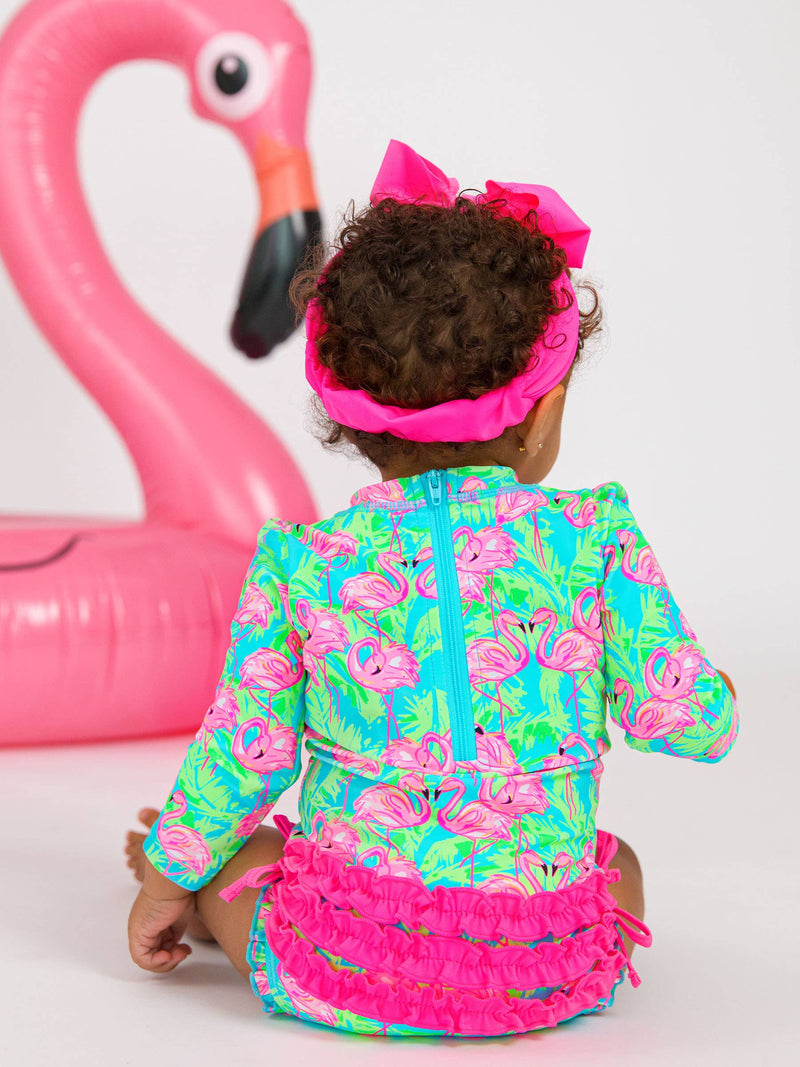 Baby Girls Neon Flamingo Long Sleeve One Piece Rash Guard Swimsuit with Signature Rear Ruffles: Blue / 0-3m