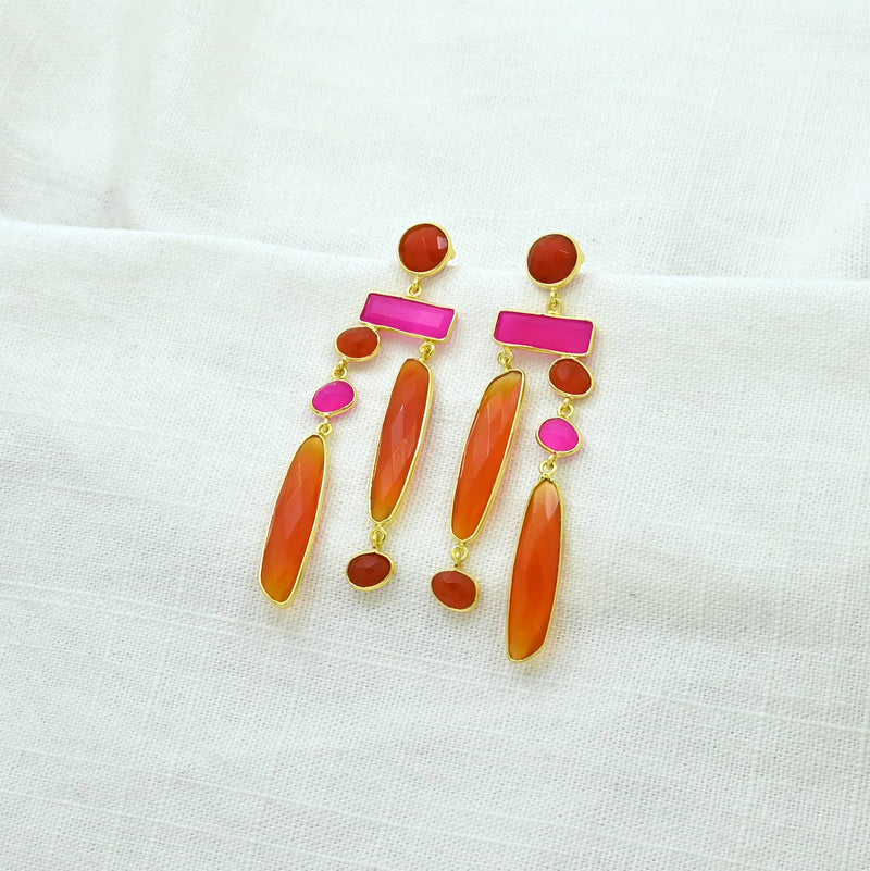 Chiyo Geometric Earring - Orange Carnelian & Pink Onyx