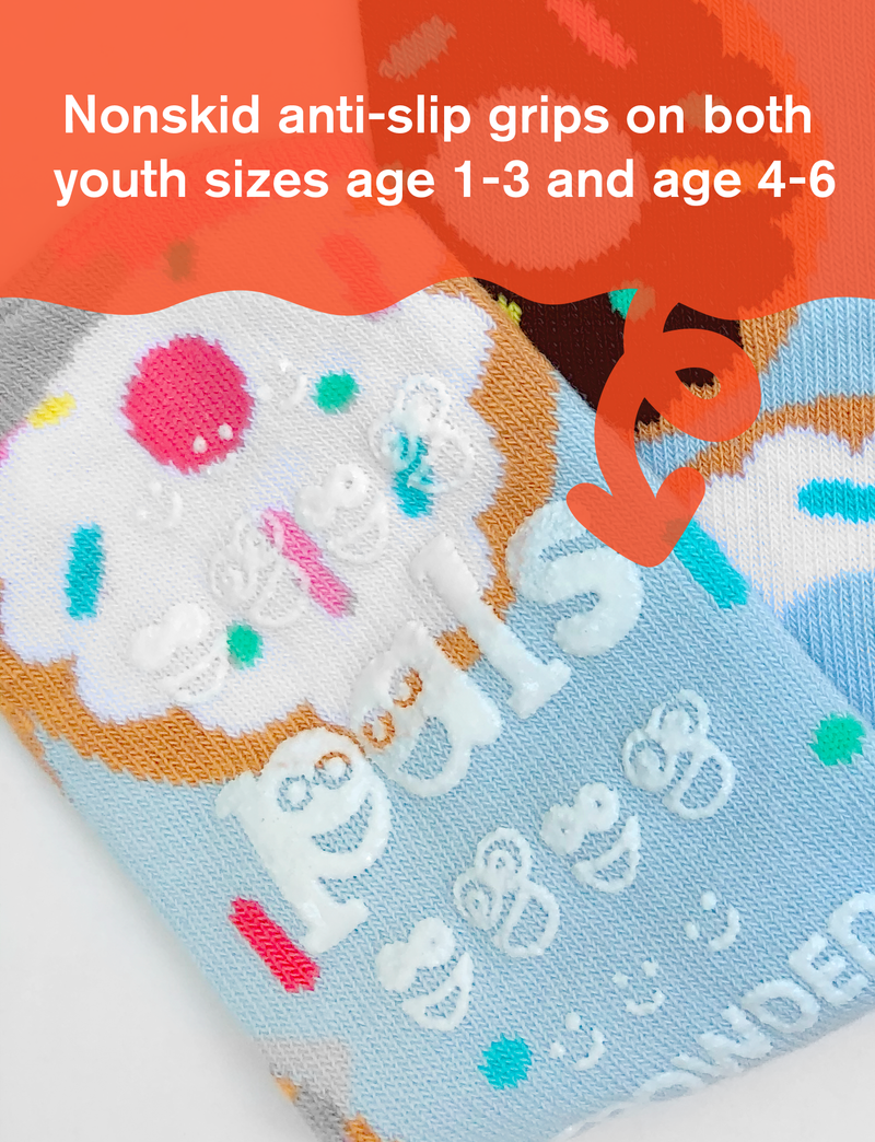 Donut & Ice Cream Mismatched Non-Slip Kids Socks: KIDS LARGE
