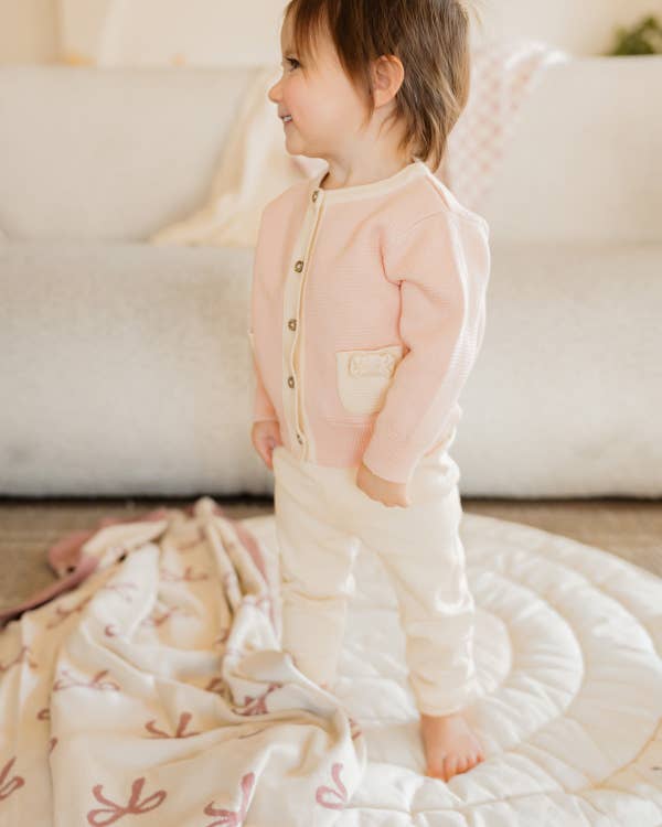Lily Bow Pockets Sweater Knit Baby Cardigan: Rosewood Pink / 18-24M