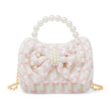 Pink girls' tweed jumbo pearl bow handbag with hand strap, featuring a stylish and playful design from Tiny Treats and ZOMI GEMS.