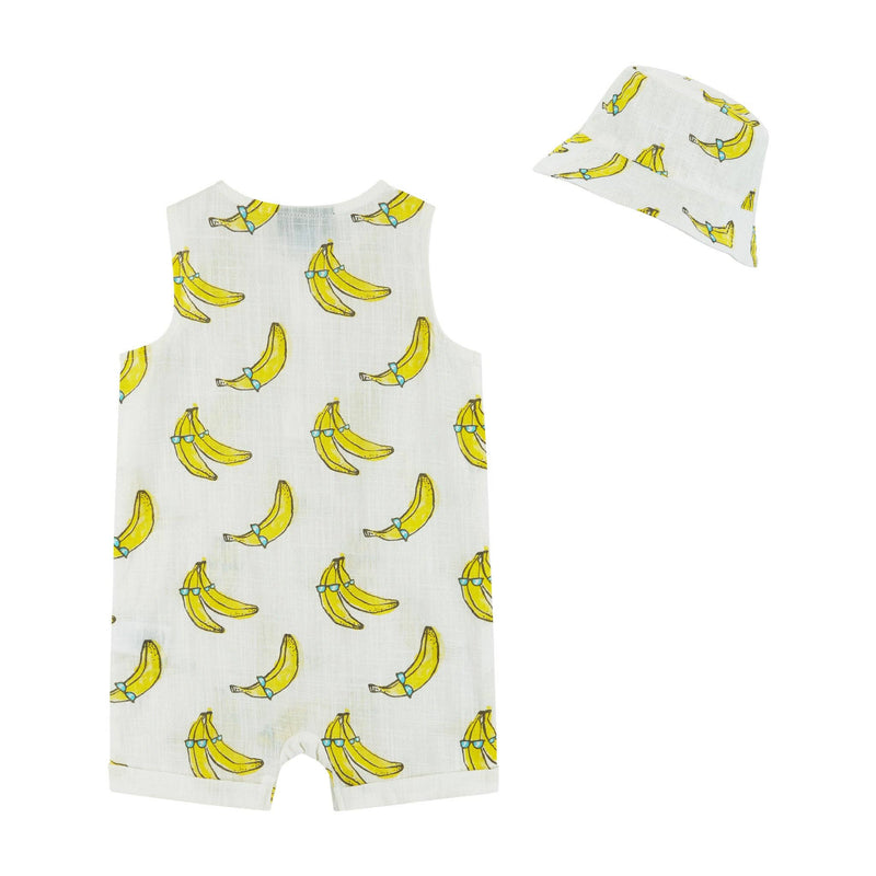 Infant White Banana Printed Woven Tank Romper w/Bucket Hat: White