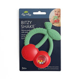 Itzy Ritzy Bitzy Shake silicone teether with cherries and rattle, designed for babies to chew and play comfortably.
