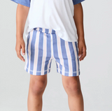 Chaser Cozy Shamu stripe beach shorts with blue and white pattern, casual fit, and elastic waistband for comfortable summer wear.