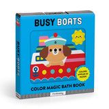 Colorful Busy Boats Color Magic Bath Book by Chronicle Books, featuring vibrant boat illustrations for young children to enjoy during bath time.