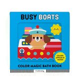 Colorful Busy Boats Color Magic Bath Book by Chronicle Books showing vibrant boat illustrations for kids' bath time fun.