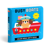 Color magic bath book featuring busy boats by Chronicle Books, showing vibrant boat illustrations for kids to enjoy during bath time.