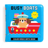 Colorful Busy Boats Color Magic Bath Book by Chronicle Books showing vibrant boat illustrations and magic color pages for kids.