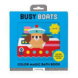 Color Magic Bath Book featuring Busy Boats by Chronicle Books, showing vibrant boat illustrations for kids' bath time fun.