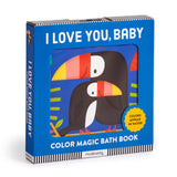 Color magic bath book titled "I Love You, Baby" by Chronicle Books, featuring vibrant illustrations and waterproof pages for bath time fun.