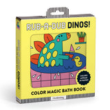 Color Magic Bath Book featuring dinosaurs from Rub-a-Dub Dinos! by Chronicle Books, showing vibrant pages and colorful dinosaur illustrations.
