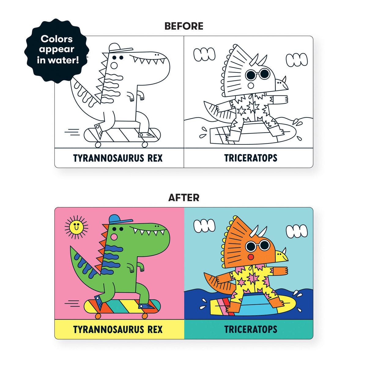 Color Magic Bath Book featuring dinosaurs from Chronicle Books, showing vibrant illustrated pages designed for bath time fun.
