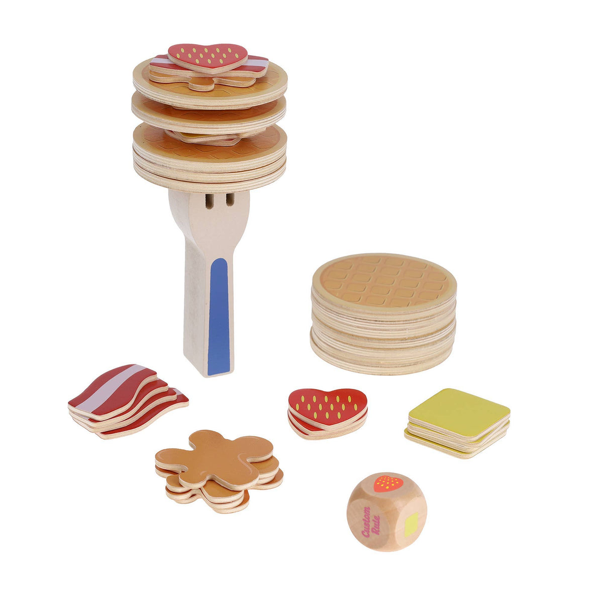 Waffle Topple game by Chronicle Books featuring colorful wooden blocks arranged in a playful stacking pattern.