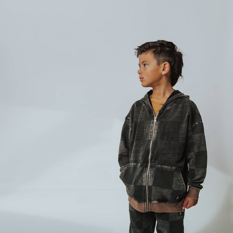 Zip Up Hoodie - Washed Black Denim Check