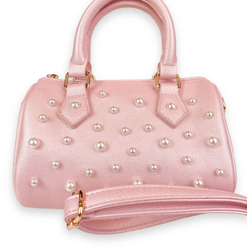 B1312 Pearl Studs Leather Barrel Bag (4 Colors): Pink