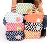 Checkered Cosmetic Bag w/ Glitter Chenile Patches for Tweens: Blue/White