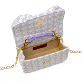 Pink girls tweed jumbo pearl bow handbag by Tiny Treats and ZOMI GEMS, featuring a stylish design with pearl accents and a bow detail.