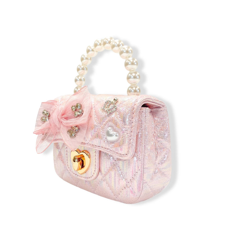 B1378 Embellished Bow Shiny Quilted Purse (2 Colors): White