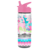 Pink unicorn Sip and Snack Bottle by Stephen Joseph Gifts with colorful unicorn design and portable lid, ideal for kids.