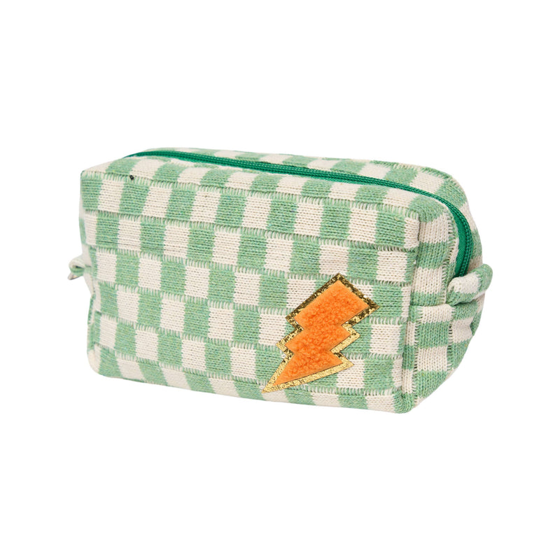 Checkered Cosmetic Bag w/ Glitter Chenile Patches for Tweens: Blue/White