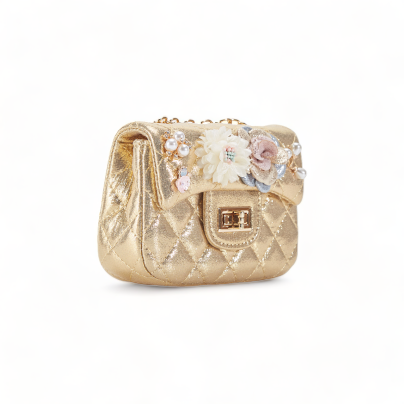 B1222 Floral Appliques Shinny Quilted Purse (5 Colors): PEWTER