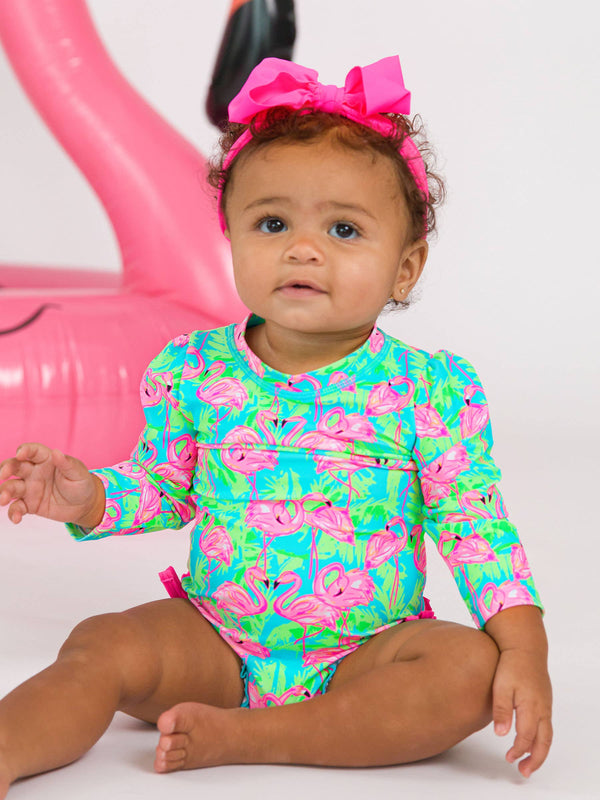 Baby Girls Neon Flamingo Long Sleeve One Piece Rash Guard Swimsuit with Signature Rear Ruffles: Blue / 0-3m
