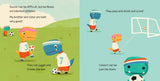 Tiny T. Rex from Chronicle Books tries playing soccer in this colorful illustration featuring a small T. Rex and a soccer ball.