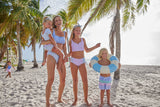 Blueberry Bay Haven Oasis two-piece swimsuit with vibrant pattern, featuring a bikini top and matching bottoms on a model.