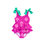 Blueberry Bay Sea Breeze one-piece swimsuit displayed on a hanger, featuring a stylish design and vibrant colors for women.