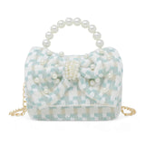 Pink girls tweed jumbo pearl bow handbag with handle and decorative pearl accents, by Tiny Treats and ZOMI GEMS.