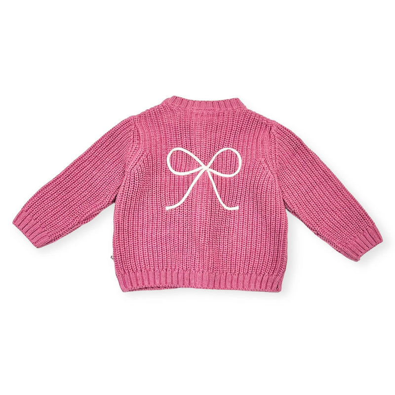 Bow Embroidered Chunky Knit Slouchy Baby Cardigan Sweater : Bubblegum Pink