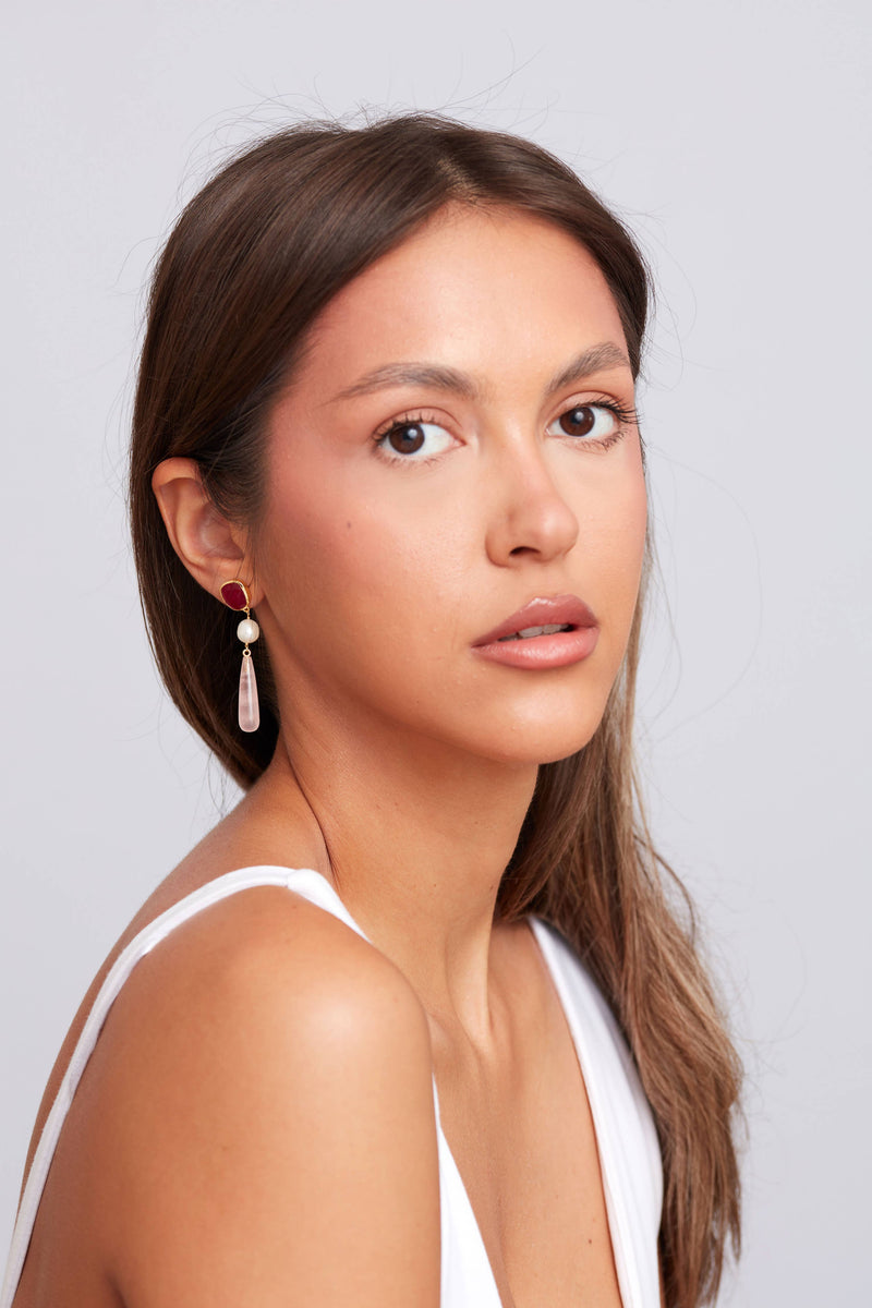 Scarlett Earring Gold Plated - Pearl Rose Quartz & Pink Jade
