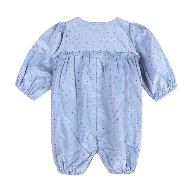 Floral Embroidered Corduroy Bubble Baby Romper (Organic): Coral Blue