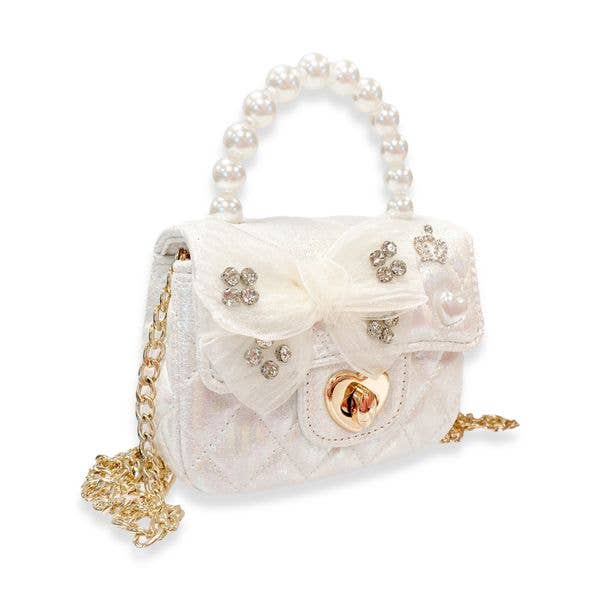 B1378 Embellished Bow Shiny Quilted Purse (2 Colors): White