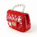 B1303 Pearl Handle Quilted Leather Purse w/ Charms: RED