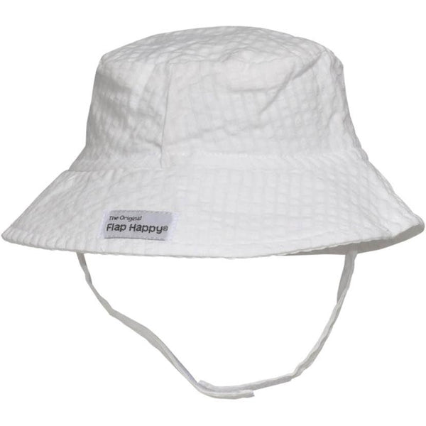 Kids UPF50+ Girls and Boys Bucket Sun Hat: Vanilla Stripe Seersucker