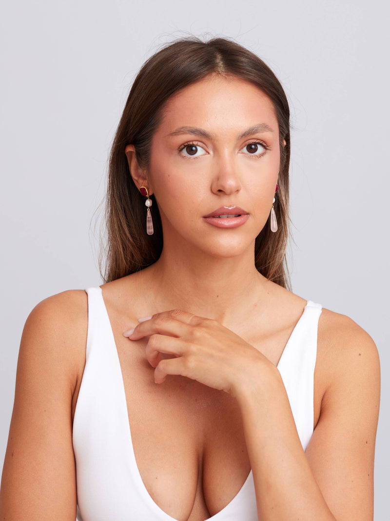 Scarlett Earring Gold Plated - Pearl Rose Quartz & Pink Jade