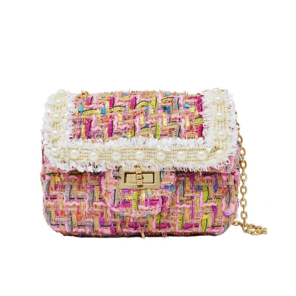 Classic Tweed Handbag with Pearls: White