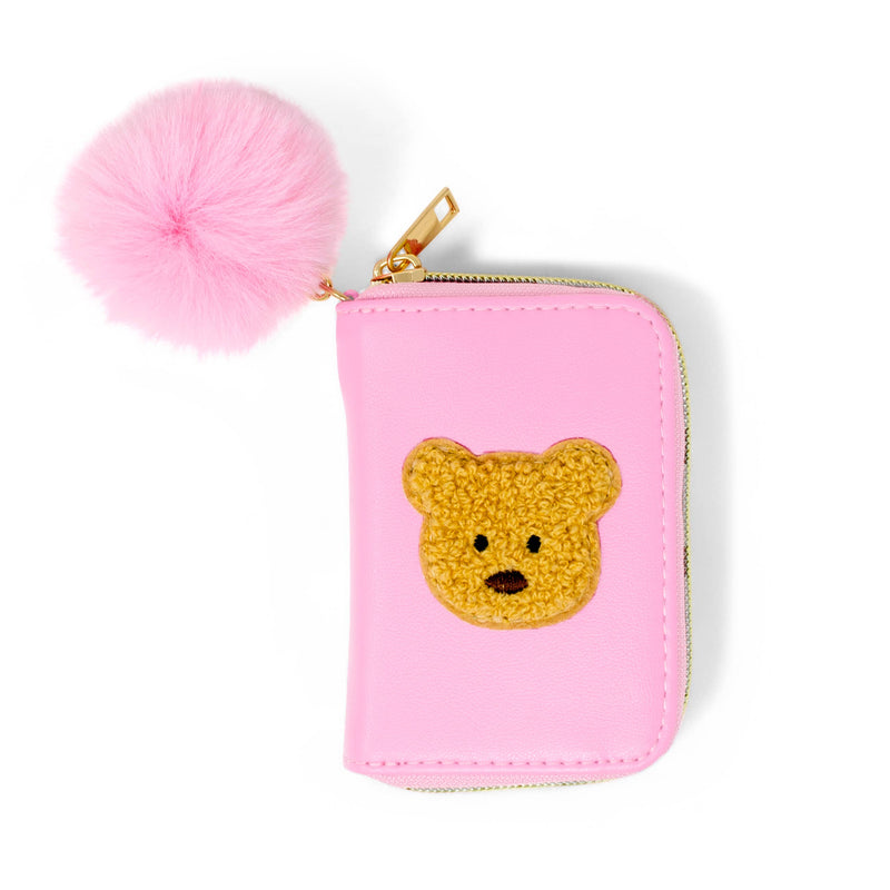 Teddy Pom Pom Zip Wallet: Pink