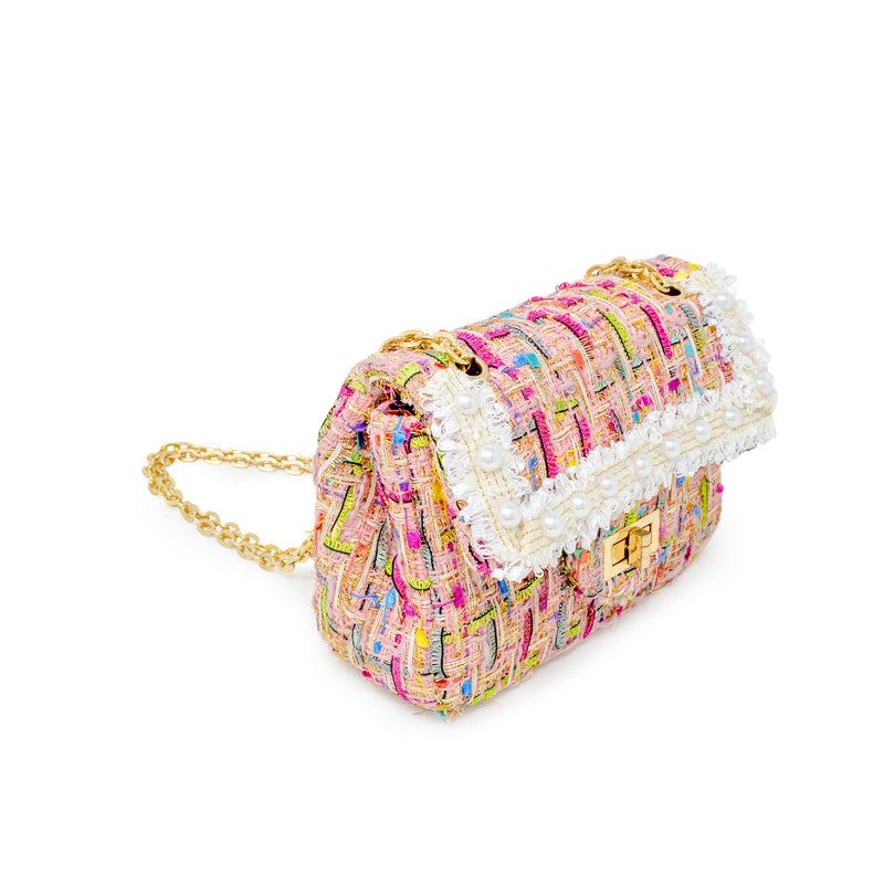 Classic Tweed Handbag with Pearls: White