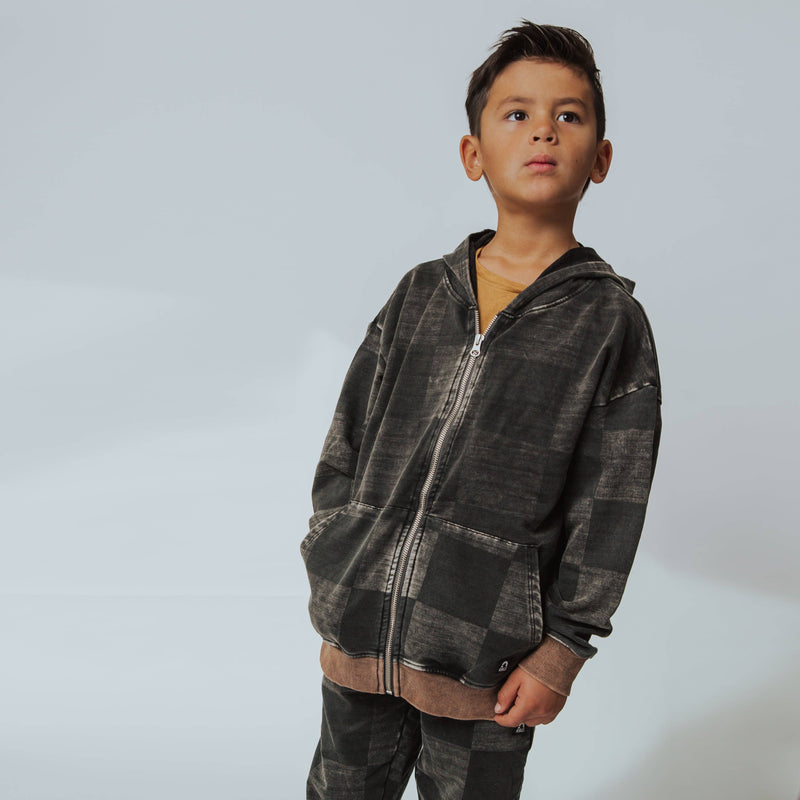 Zip Up Hoodie - Washed Black Denim Check