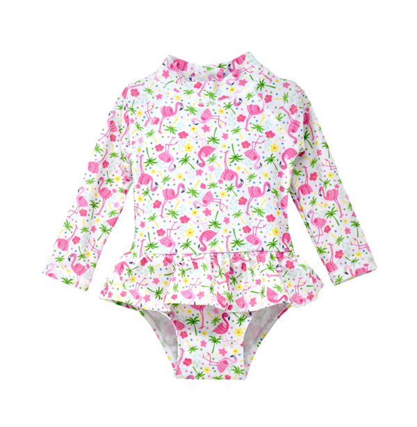 Baby Girls UPF50+ Alissa Infant Ruffle Rash Guard Swimsuit Flamingo Party