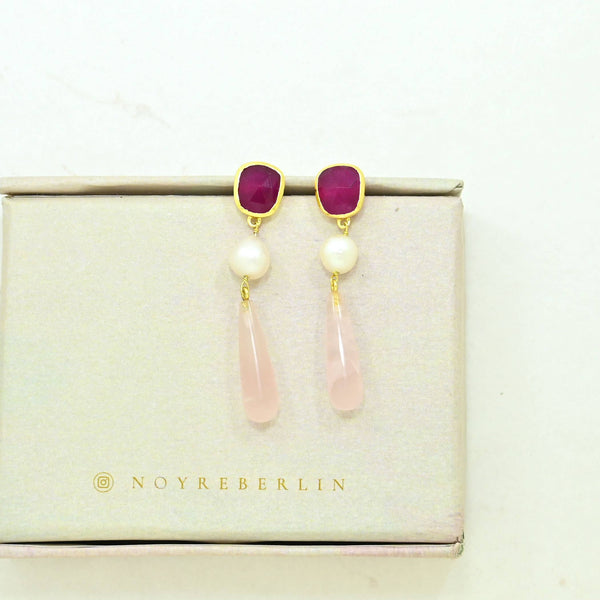 Scarlett Earring Gold Plated - Pearl Rose Quartz & Pink Jade
