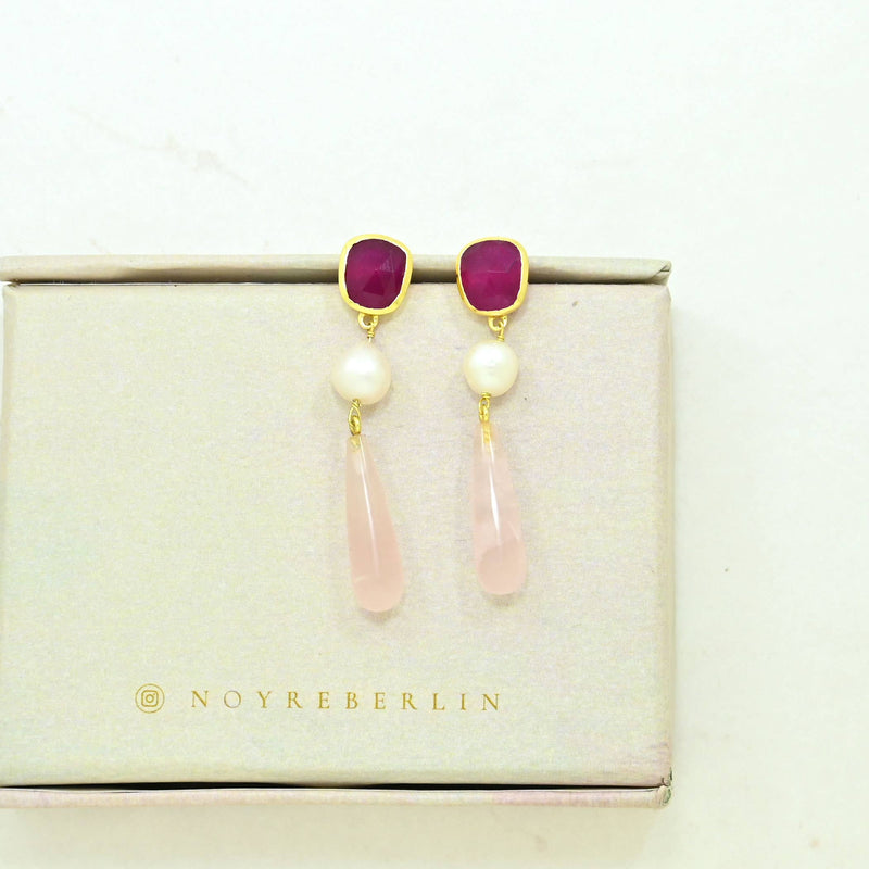 Scarlett Earring Gold Plated - Pearl Rose Quartz & Pink Jade