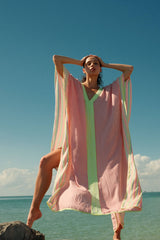 Petite contrast striped thobe in multicolor by pītusa, featuring vertical stripes and traditional modest style.